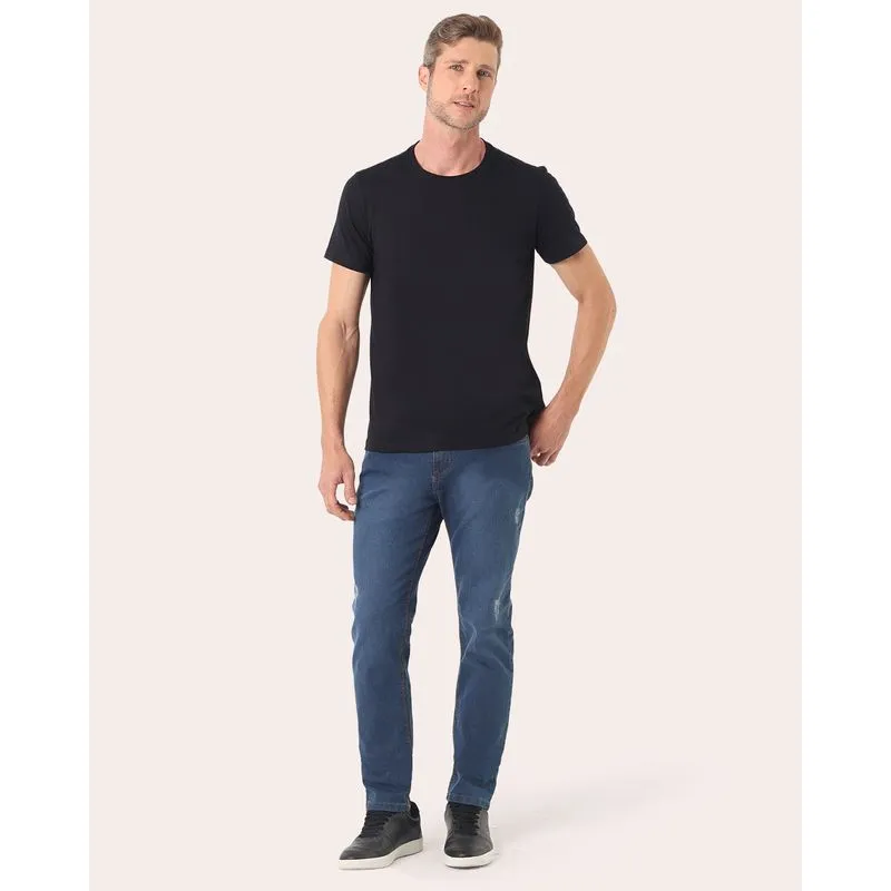 Calça Jeans Masculina Slim Estonada com Puídos Azul UN