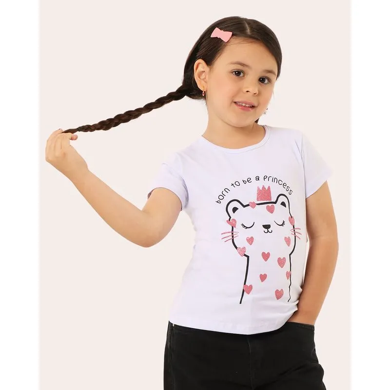 Blusa Infantil Gatinha Glitter Manga Curta Branca 8