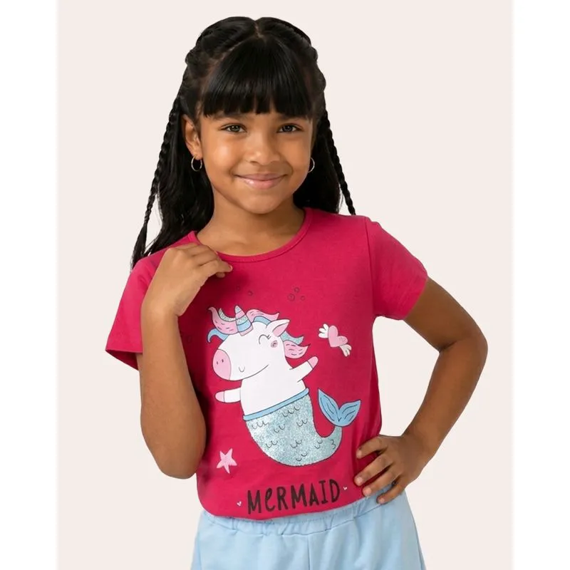 Blusa Infantil Estampa Unicórnio Sereia com Glitter Rosa 4