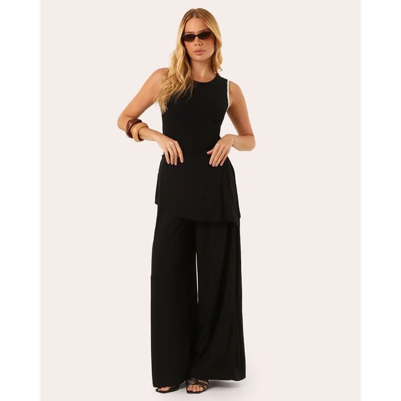 Calça Feminina Pantalona Viscose Com Lenço Sobreposição Preta PP