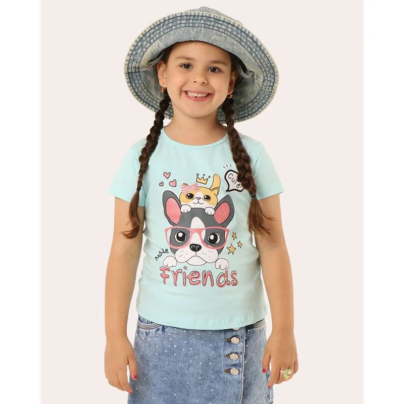Blusa Infantil Estampa Animais Friends com Glitter Azul 6