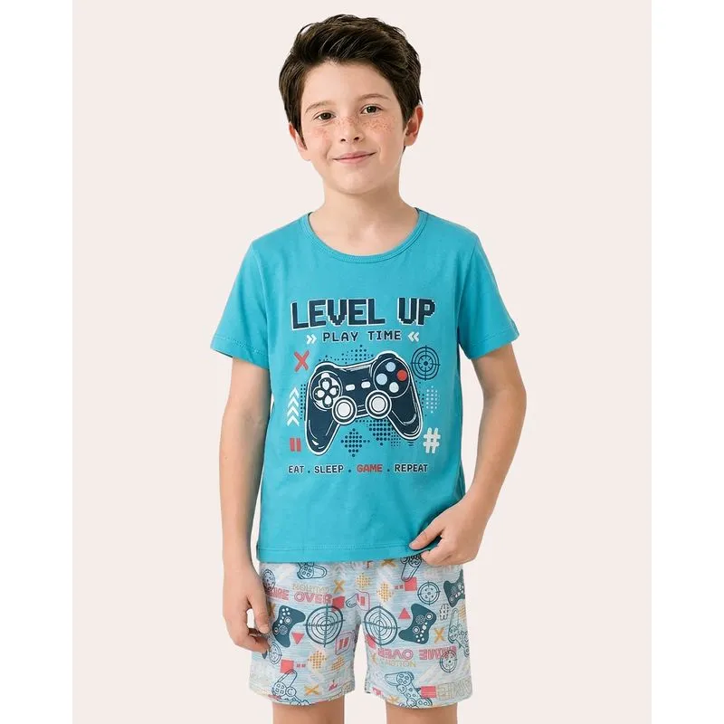 Pijama Infantil Gamer Brilha no Escuro Manga Curta Azul 10