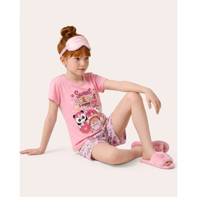 Pijama Curto Infantil Panda Donuts Rosa 8