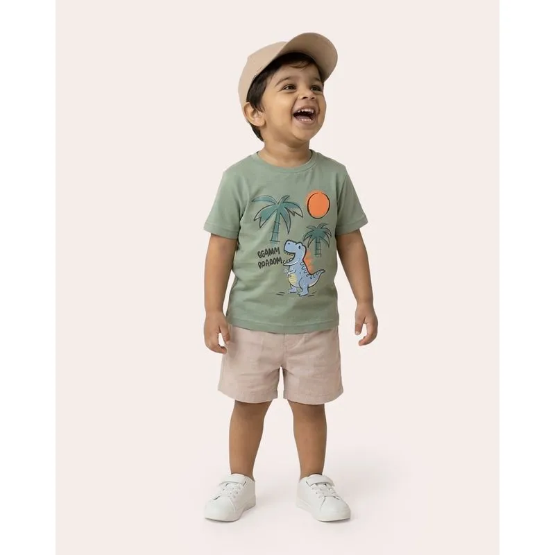 Camiseta Bebê Algodão Estampa Dinossauro Texturizado Verde 1