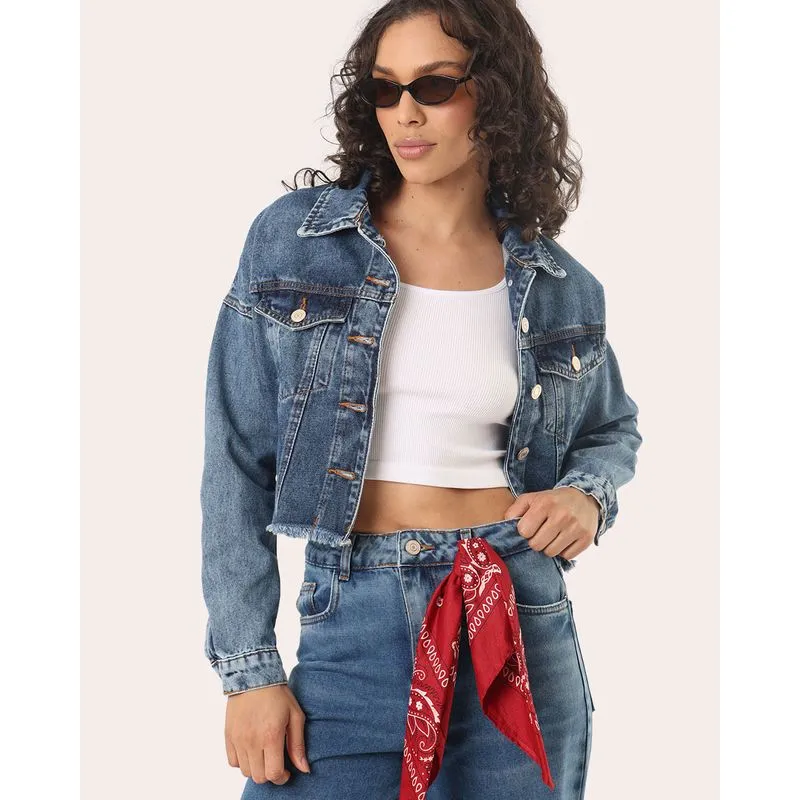 Jaqueta Jeans Feminina Sawary Oversized Barra Desfiada Azul M
