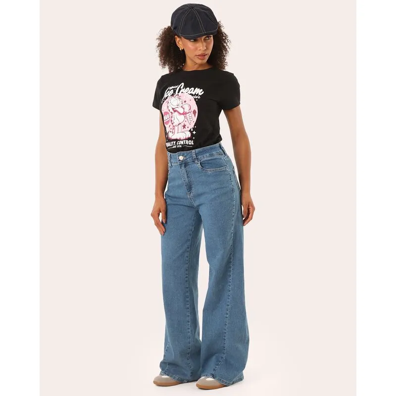 Calça Jeans Feminina Sawary Wide Leg com Recorte Azul 46