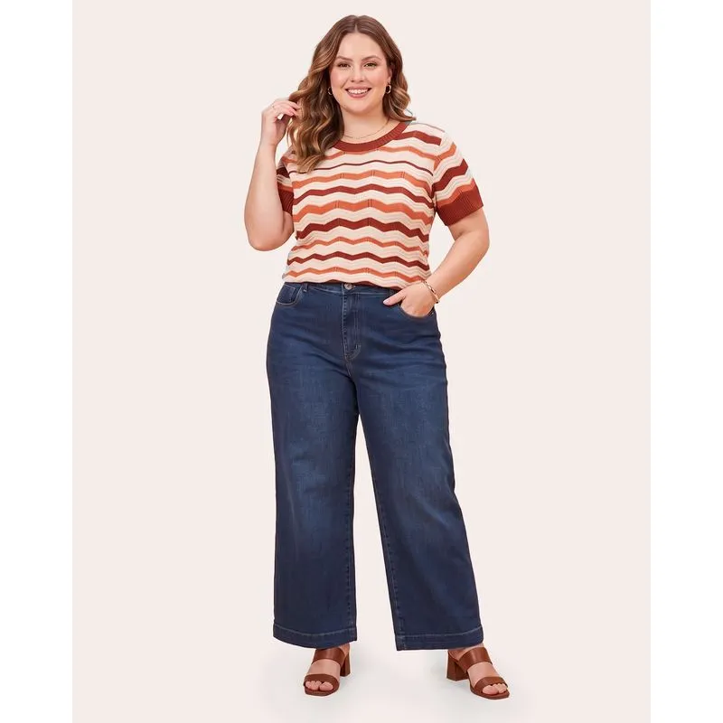 Calça Jeans Plus Size Feminina Sawary Wide Leg Azul 58