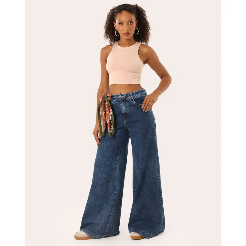 Calça Jeans Feminina Sawary Super Wide Leg com Bolsos Azul 38
