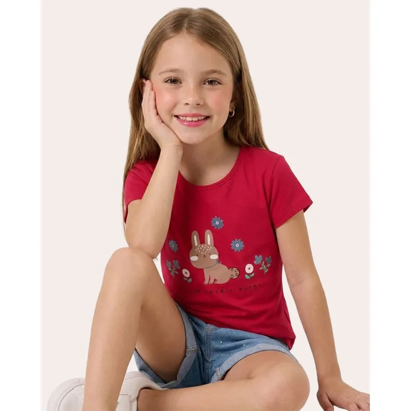 Blusa Infantil Algodão Coelhinho Manga Curta Rosa 8
