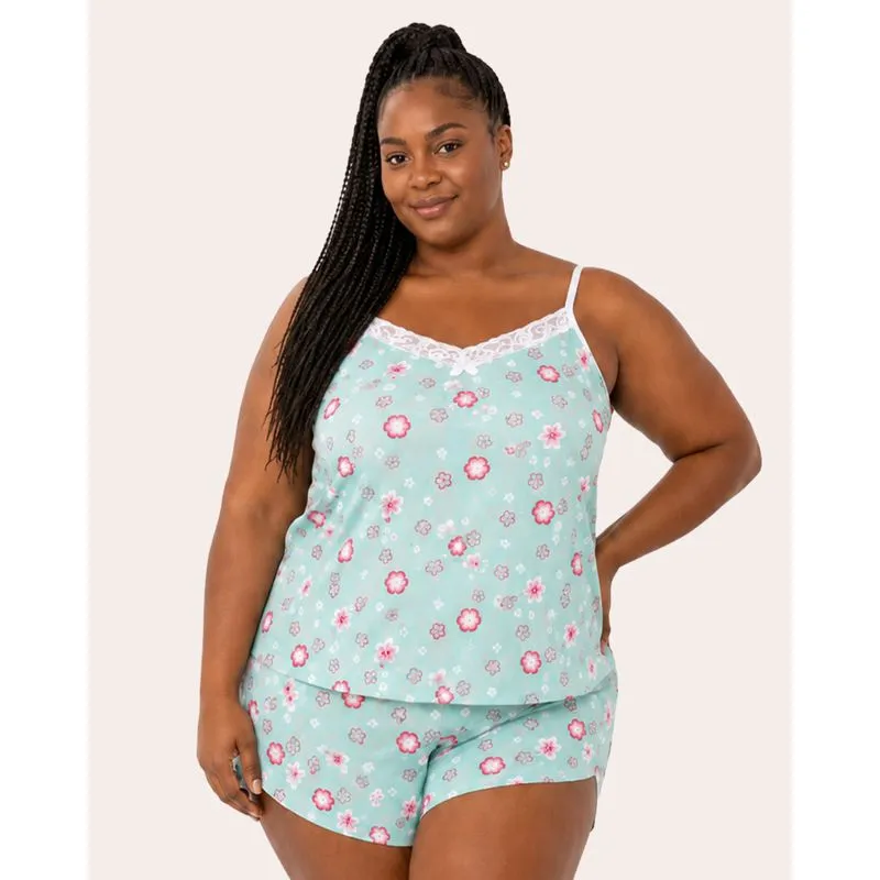 Pijama Plus Size Feminino Curto Liganete Floral Verde 50