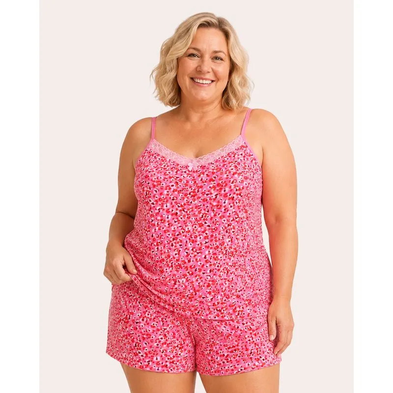 Pijama Plus Size Feminino Curto Liganete Estampado Rosa Escuro 52