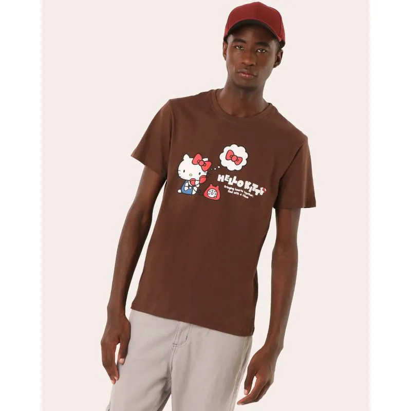 Camiseta Masculina Hello Kitty Manga Curta Marrom P