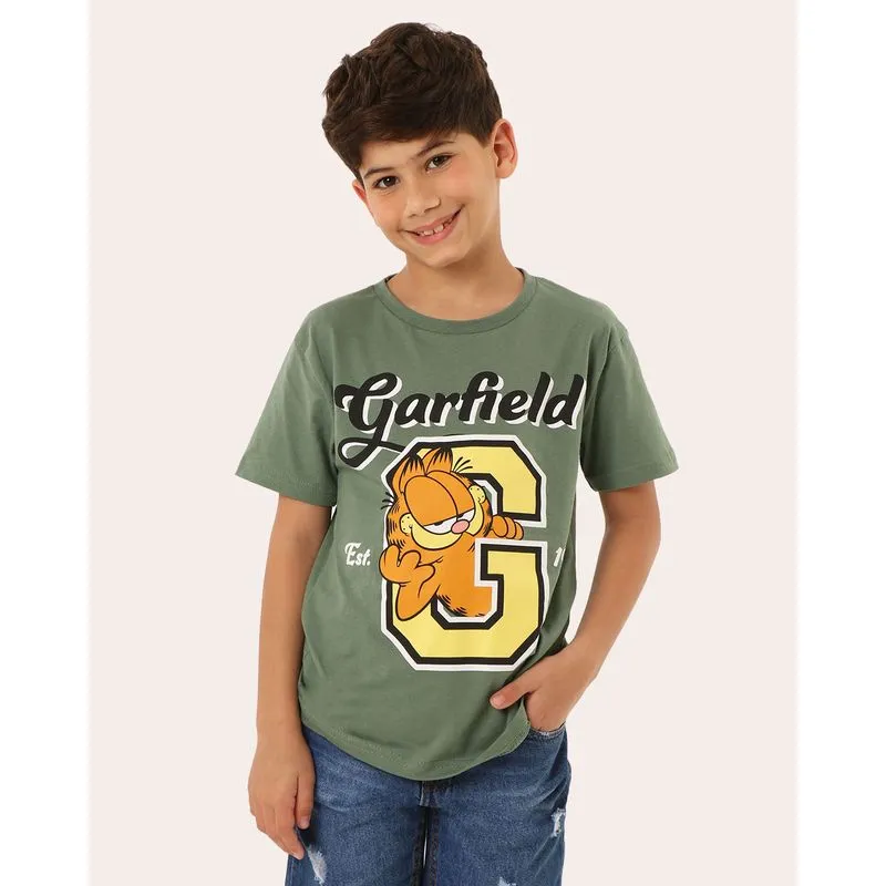 Camiseta Infantil Algodão Estampa Garfield Verde 4