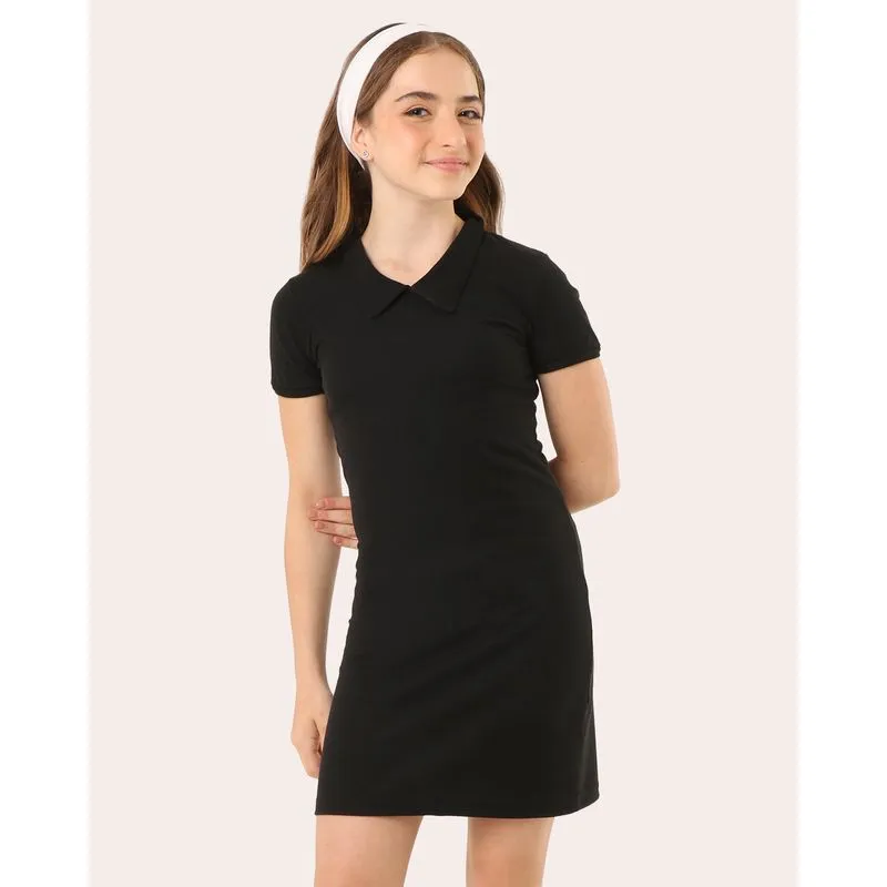 Vestido Juvenil Canelado Gola Polo Preto 16