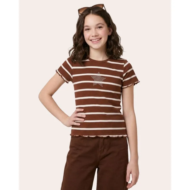 Blusa Juvenil Canelado Listadra Estrela Strass Marrom 10
