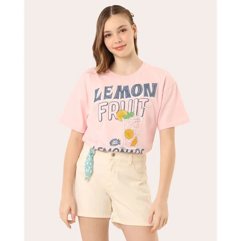 Blusa Juvenil Algodão Fruit Lemonade Manga Curta Rosa 10