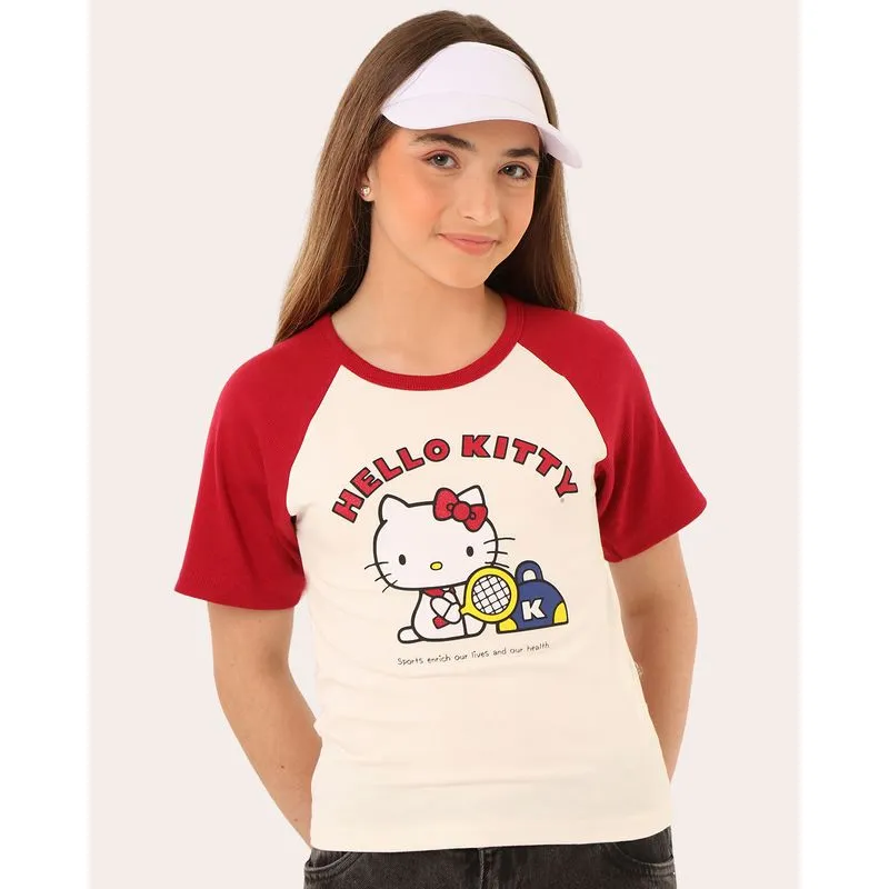 Camiseta Juvenil Hello Kitty Manga Raglan Vermelha 18
