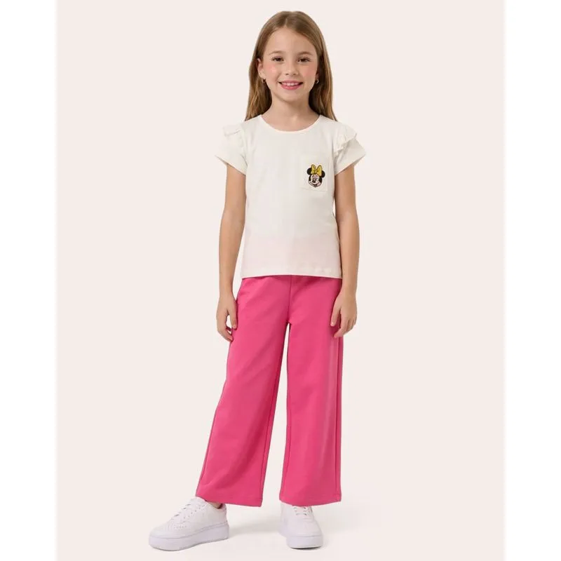 Calça Moletinho Infantil Wide Leg Cós Elástico Rosa 4