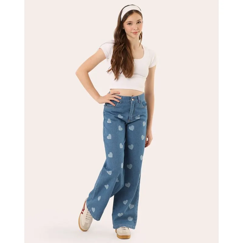 Calça Jeans Juvenil Wide Leg Estampa Corações Azul 10