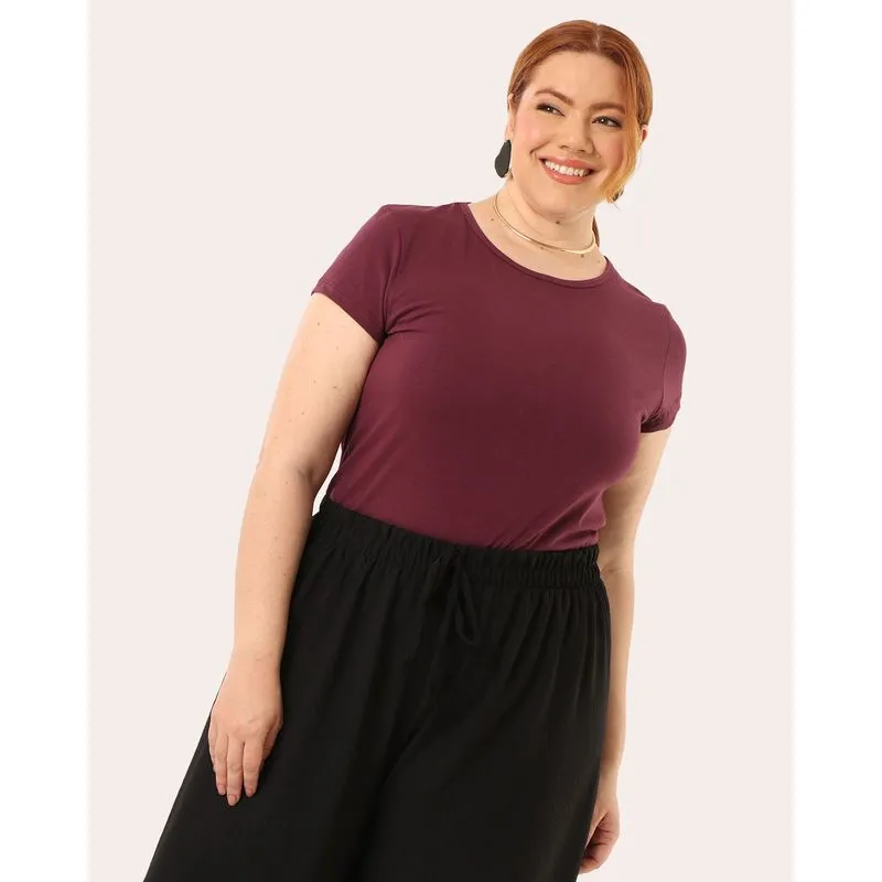 Blusa Plus Size Feminina Básica Manga Curta Vinho G3