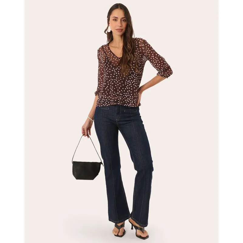 Calça Jeans Feminina Flare Recorte Bolso Frontal Azul 48