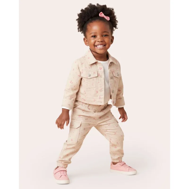 Calça Sarja Bebê Jogger Estampada Flores Bege 4