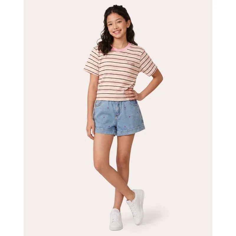 Short Jeans Juvenil Bordado Coração Barra Dobrada Azul 18