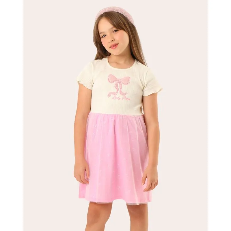 Vestido Infantil Canelado com Tule Laço Glitter Off White 4