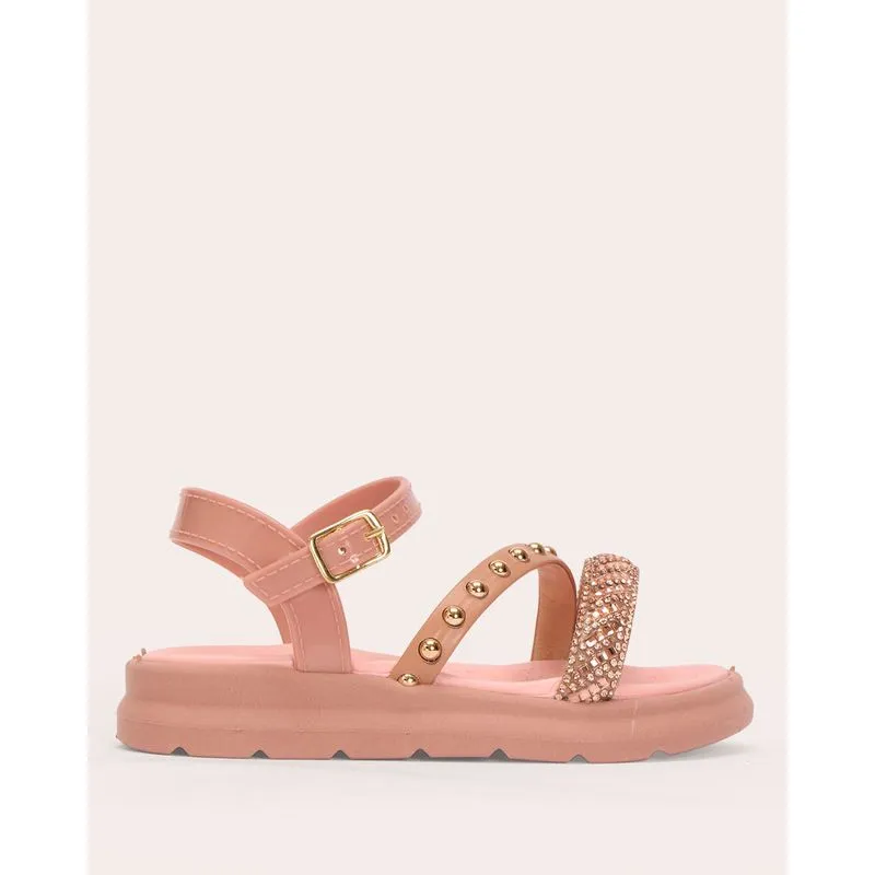 Sandália Infantil Tiras com Strass e Tachas Rosa 19/20
