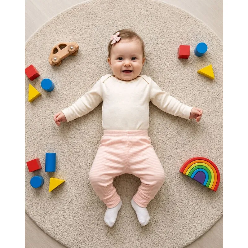 Calça Culote Bebê Listrado Vira Pé Rosa Claro G