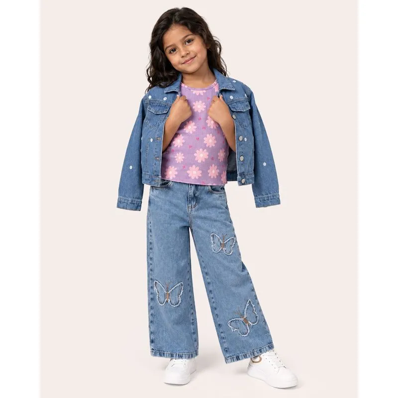 Calça Jeans Infantil Wide Leg Bordado Borboleta Azul 6