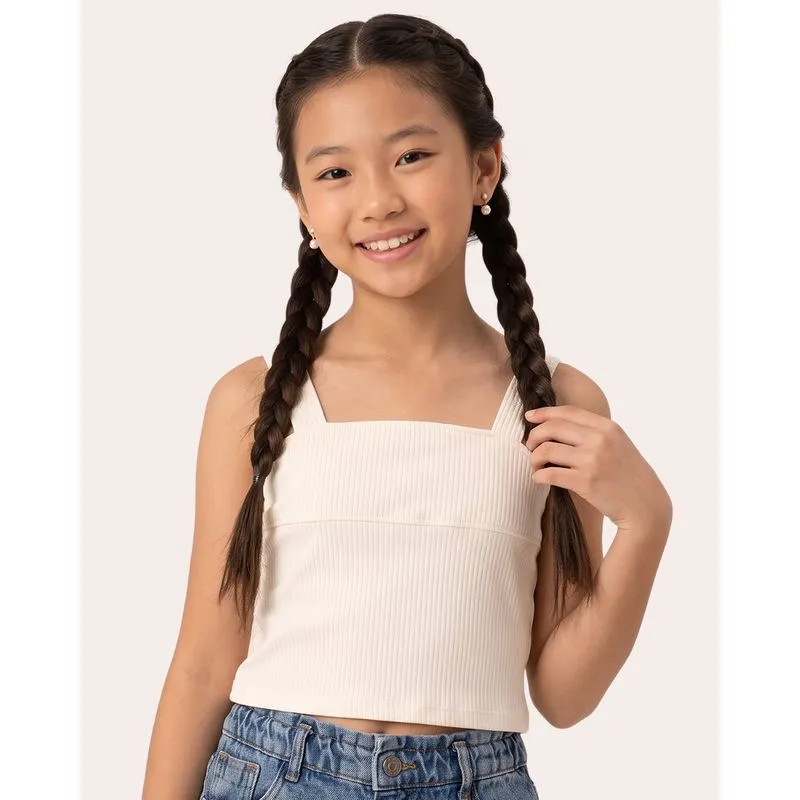 Blusa Juvenil Cropped Alcinha Canelado com Recorte Off White 10