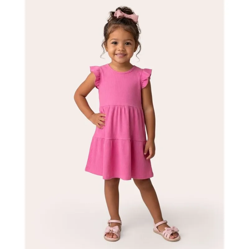 Vestido Bebê Canelado Manga Babado Rosa 4