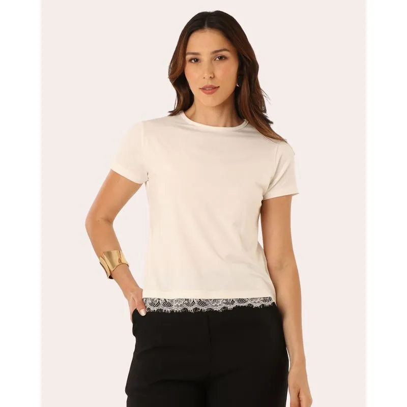 Blusa Feminina Viscose Renda Manga Curta Off White PP
