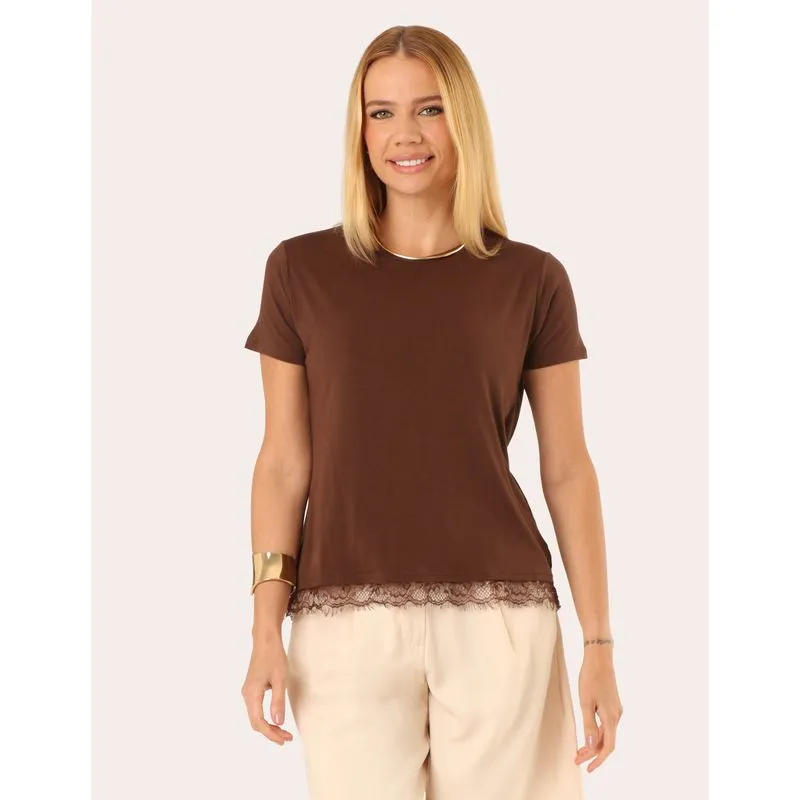 Blusa Feminina Renda Na Barra Manga Curta Marrom GG