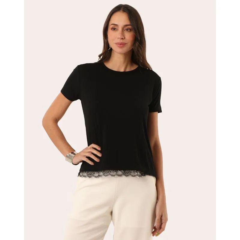Blusa Feminina com Renda Manga Curta Preta G