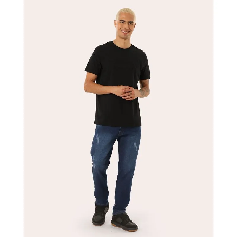 Calça Jeans Masculina Slim com Puídos Bolsos Azul 38