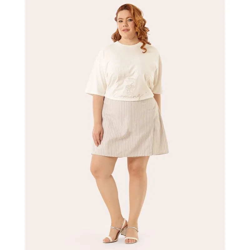 Short Saia Plus Size Feminino com Linho Listrado Bege G2