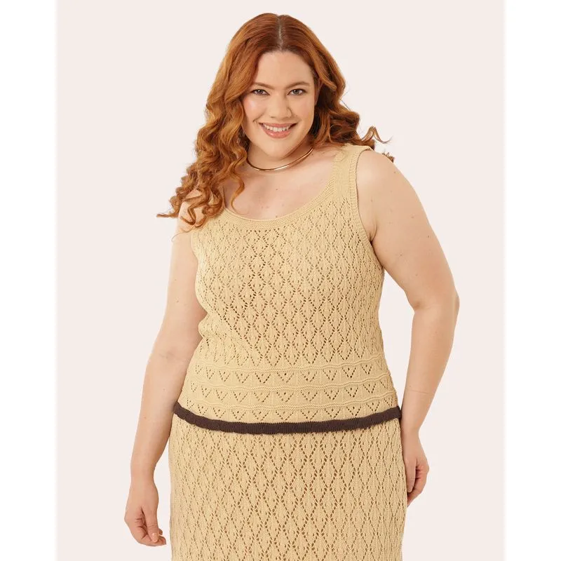 Regata Plus Size Feminina Tricô Barra Contrastante Bege G1