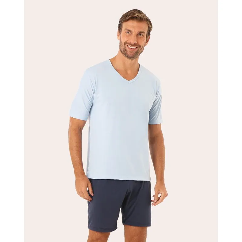 Pijama Masculino Algodão Liso Manga Curta Azul M