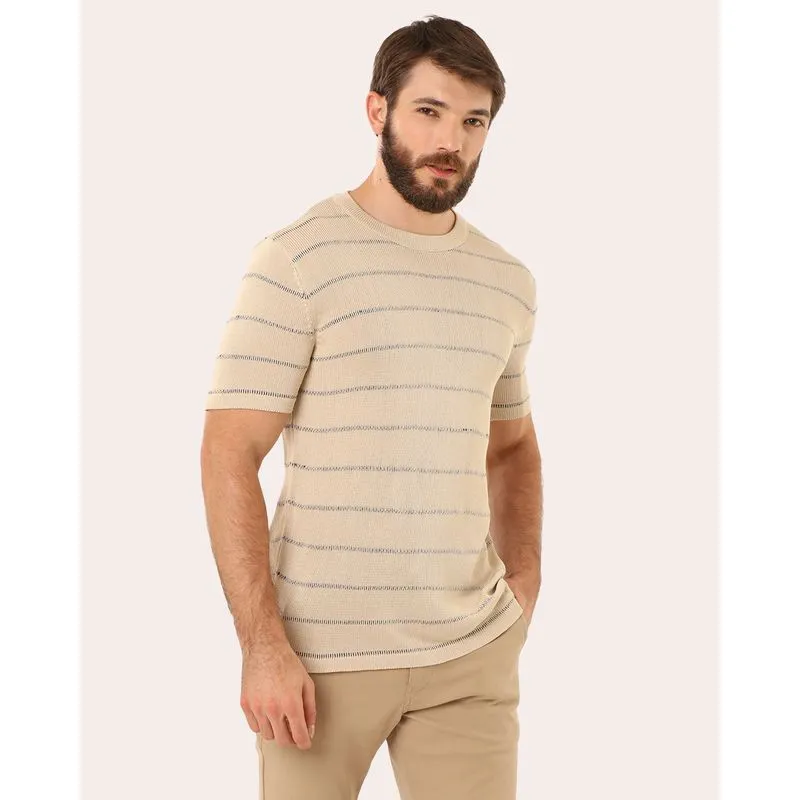 Camiseta Masculina Tricô Listrada Manga Curta Bege XG