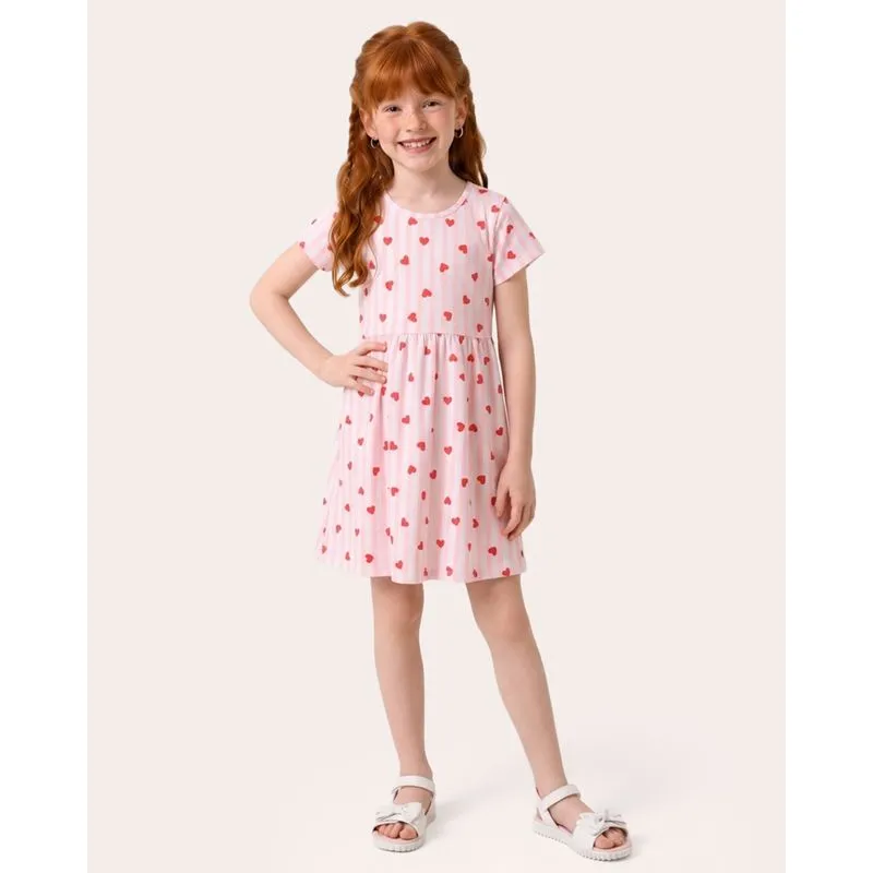 Vestido Infantil Algodão Estampada Corações Manga Curta Rosa 6