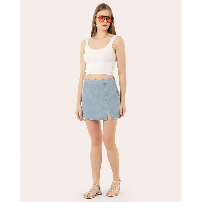 Short Saia Jeans Feminino com Brilhos Azul Claro 34