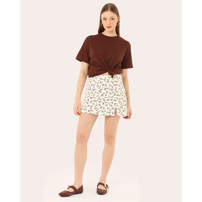 Short Saia Sarja Feminino Floral Off White 42