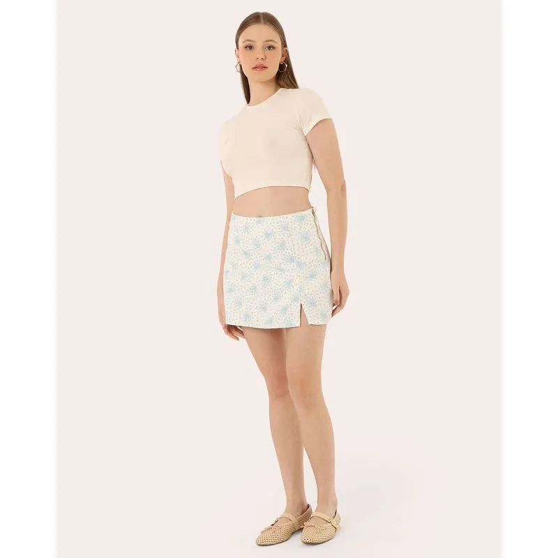 Shorts Saia Sarja Feminino Floral Azul 48