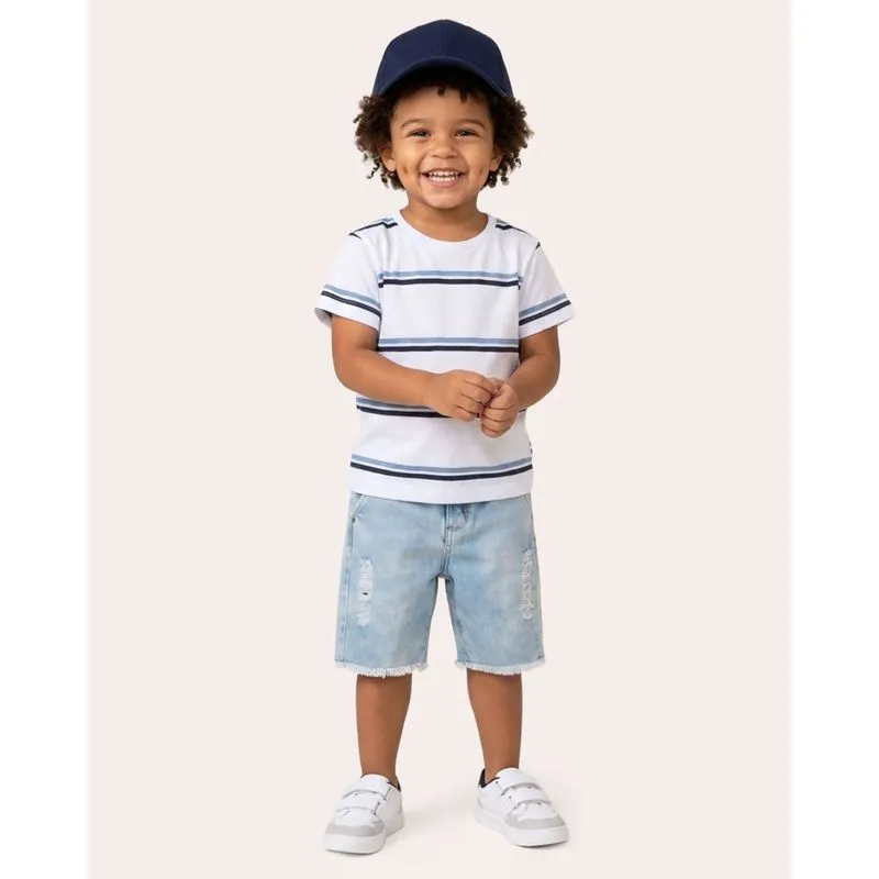 Camiseta Bebê Algodão Listrada Branco 3
