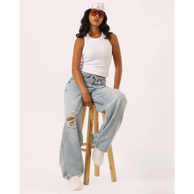 Calça Jeans Feminina Ballon Destroyed Cós Invertido Azul 48