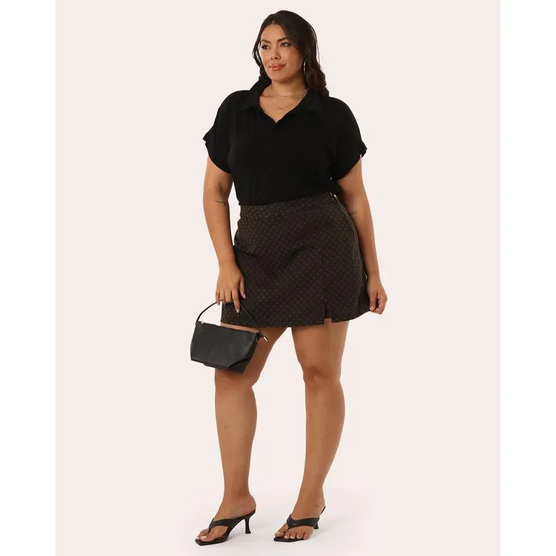 Short Saia Sarja Plus Size Feminino Poá Marrom 46