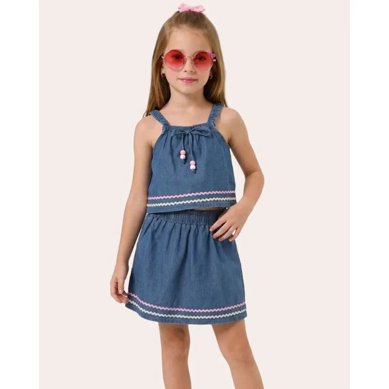 Conjunto Jeans Infantil com Detalhes Bordados Azul 6