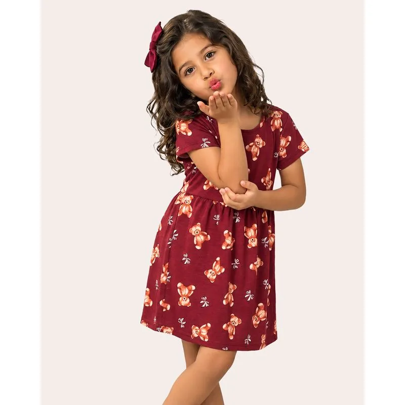 Vestido Infantil Curto Algodão Estampa Ursinhos Vinho 10